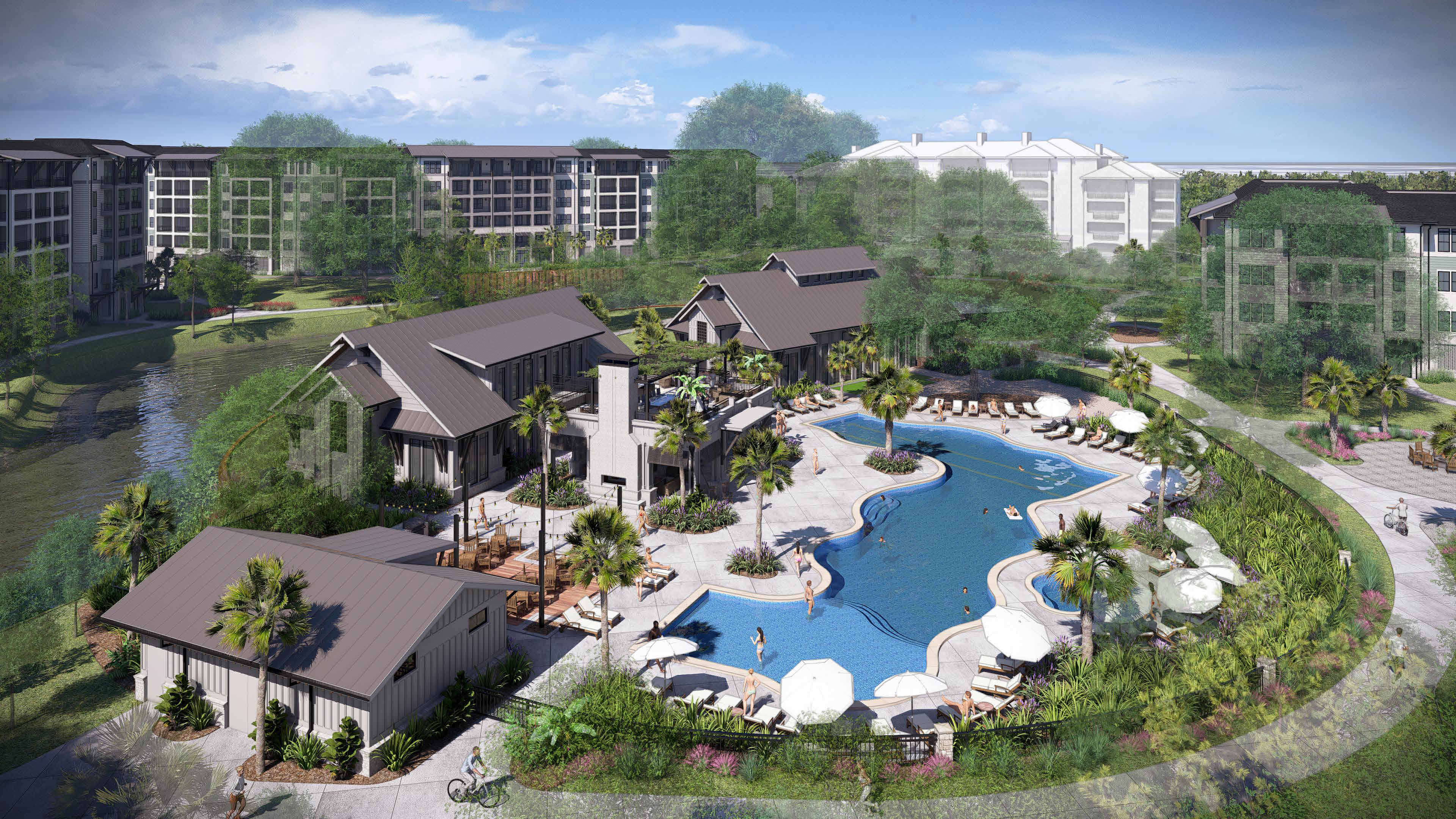 Pool and shared amenity buildings framed by residences and planting