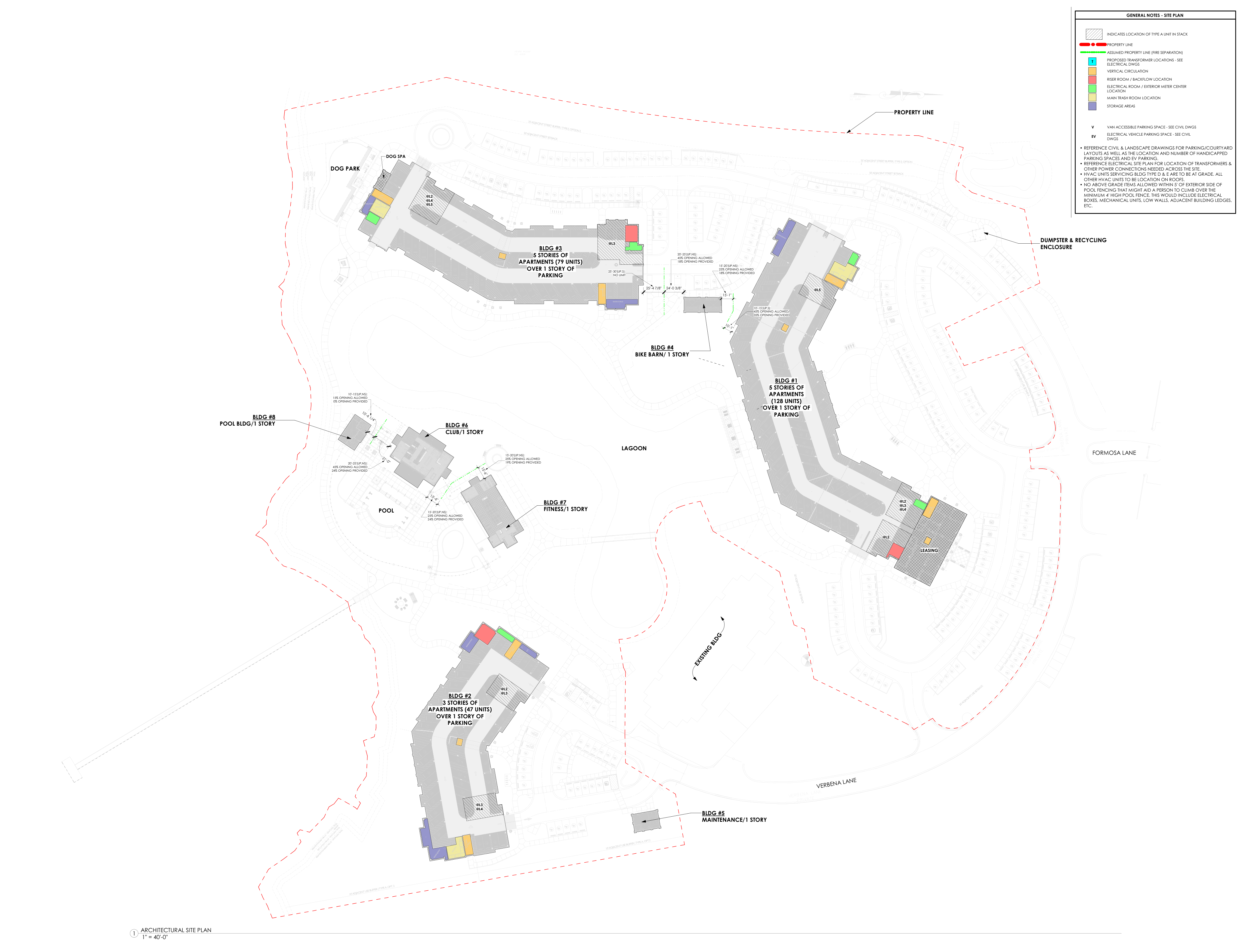 Full architectural site plan showing residential buildings, shared amenities, circulation, and lagoon