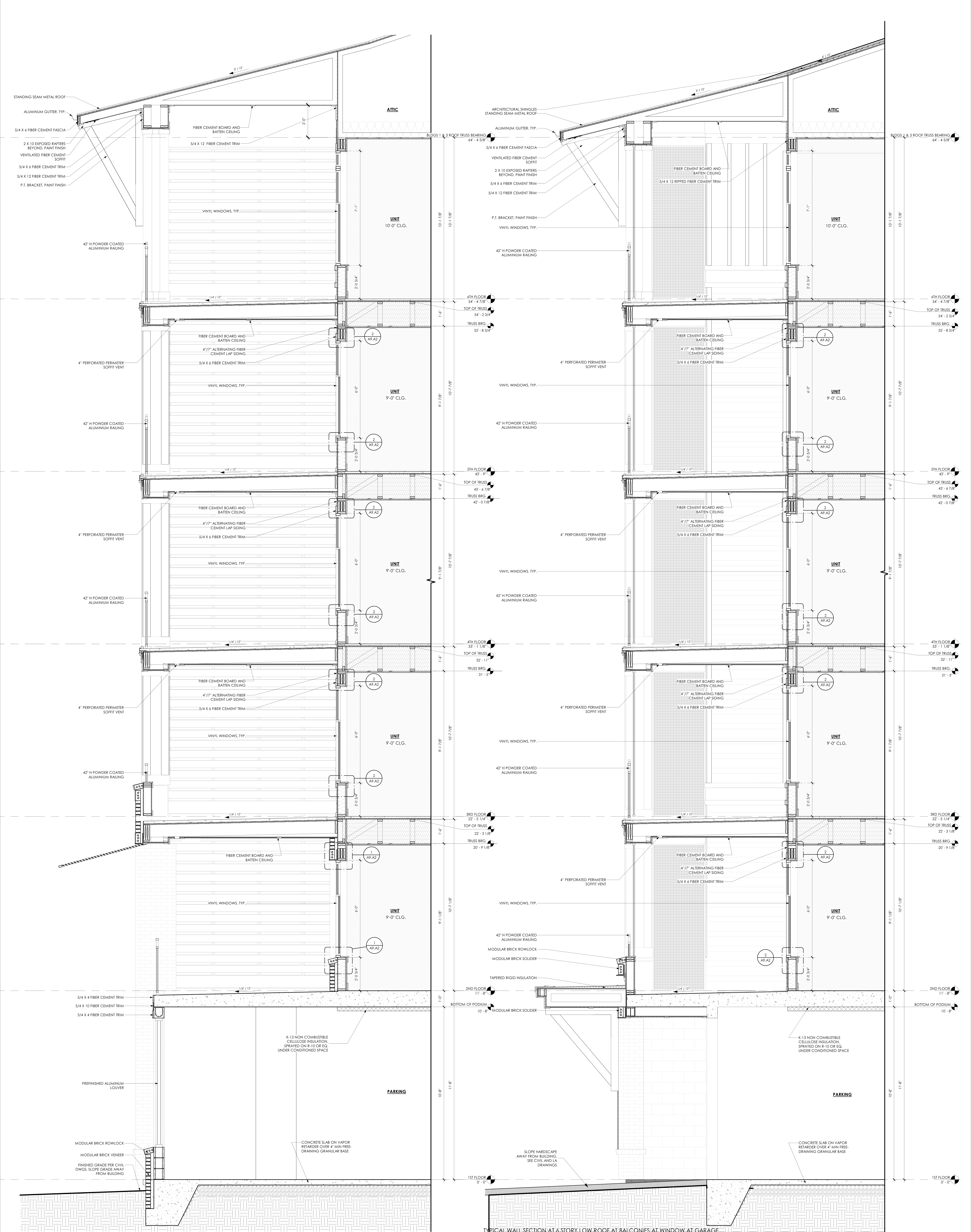 Two multistory wall sections, oriented upright, showing roof, balcony, floor and foundation assemblies