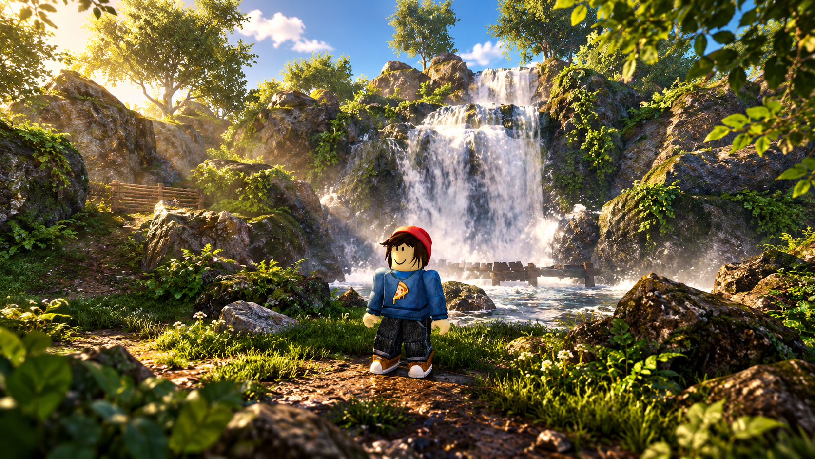 Enhanced game environment with a character standing in front of the waterfall
